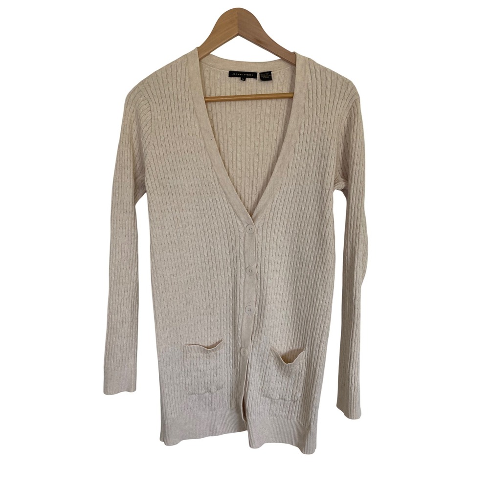 Jeanne Pierre Cream Cable Knit V-Neck Button Front Cardigan Sweater Womens M
